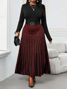 SHEIN Lady 秋冬优雅通勤办公室彩色针织立领喇叭中长袖大码连衣裙冬季女装感恩节女装冬季服装长袖连衣裙冬季冬装 - 彩色 - 查看 1