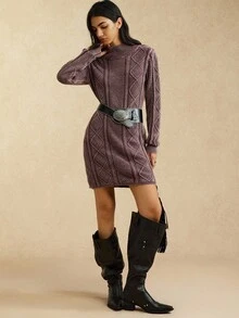 Easelle Women's Stand-Up Collar Long-Sleeved Knitted Dress With Cable Knit Pattern, Autumn And Winter Fashion Woolen Dress Purple Wash Long-Sleeved Sweater Dress Autumn And Winter 2025 - Purple - View 7