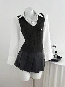 Elamini Casual Versatile Cable Knit Sweater Vest - Black - View 4