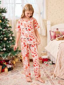 Tween Girl Halloween Funny Ghost & Pumpkin Print Flame Retardant Milk Silk Casual Pajama Set, For Christmas