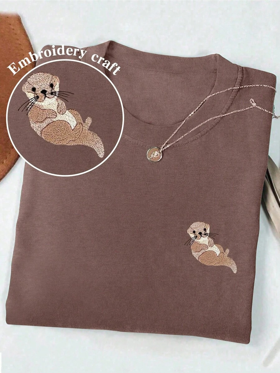 INAWLY 女士圆领海獭刺绣短袖T恤，夏季 - 咖啡棕 - 查看 1