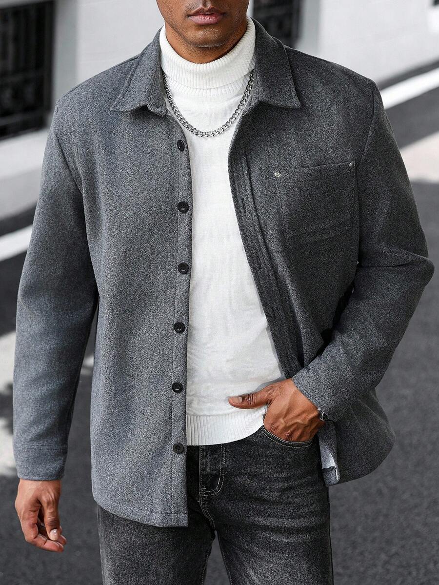 Manfinity CasualCool Abrigo de lana casual con botones delanteros y bolsillo, de unicolor y manga caída, versátil, para otoño/invierno - Gris - Ver 1