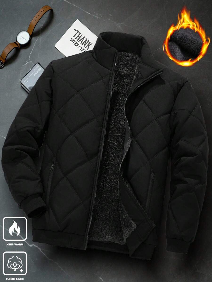 Manfinity Homme 男士长袖纯色简约休闲保暖拉链户外防风羽绒服,黑色保暖内衬绗缝外套,秋季款 - 黑色 - 查看 1