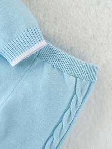 SHEIN Baby/Toddler Cute, Stylish British Style Versatile Autumn/Winter Sweater Top + Sweater Pants Knitted Suit Set, For Outings And Travel Fall - Baby Blue - View 9
