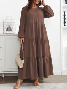 Vionelle 大码女式春夏纯色圆领灯笼袖荷叶边下摆宽松休闲连衣裙长款女装 - 巧克力棕 - 查看 1