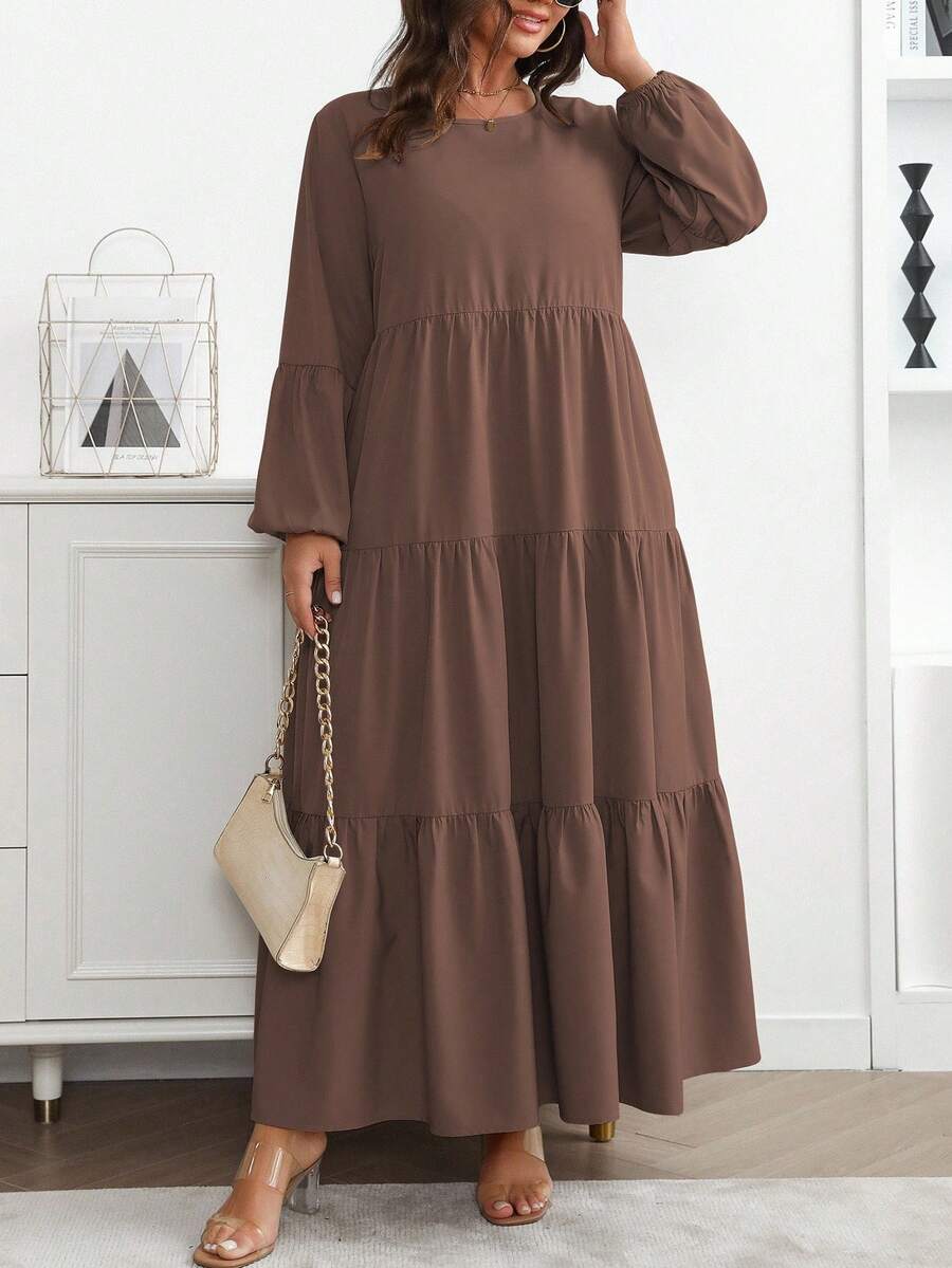 Vionelle 大码女式春夏纯色圆领灯笼袖荷叶边下摆宽松休闲连衣裙长款女装 - 巧克力棕 - 查看 1