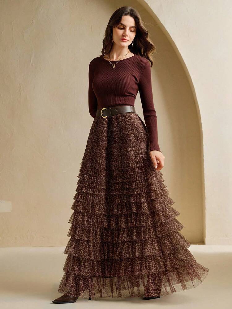Autumn/Winter Chic Brown A-Line Fashionable Leopard Print Multi-Layer Tulle Women's Skirt With Belt