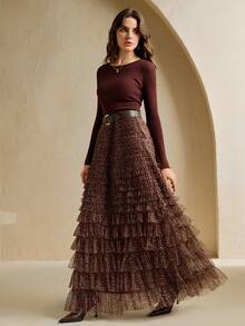 Anewsta Autumn/Winter Chic Brown A-Line Fashionable Leopard Print Multi-Layer Tulle Women's Skirt With Belt - Coffee Brown - View 6