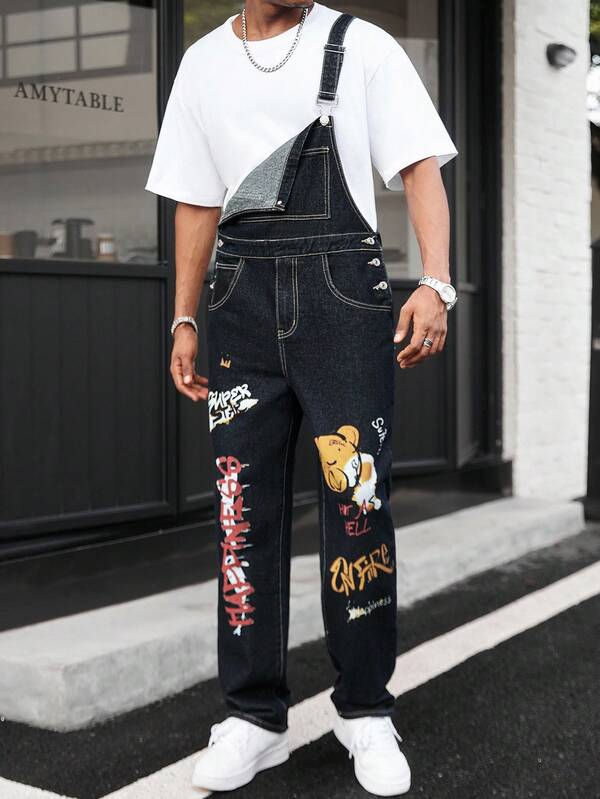 Manfinity EMRG بذلة جينز فضفاضة مريحة مطبوعة برسوم كرتونية أمريكية كيوت عتيقة