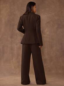SHEIN BAE Women's Solid Color Waist Cinched Jacket And Pants Suit Set - Brown - View 2