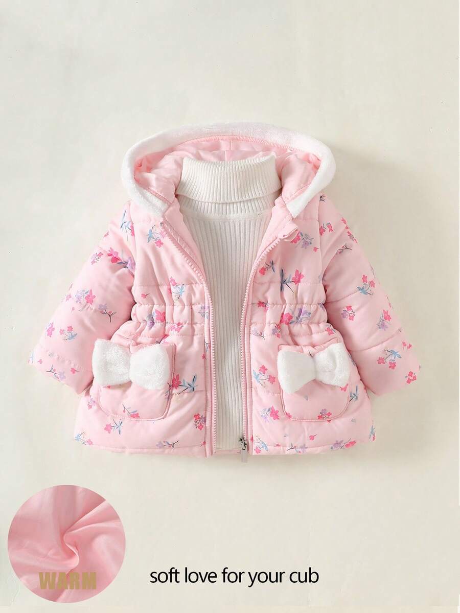 SHEIN Playful Pals 女宝宝秋冬外套休闲风格加厚保暖花卉印花夹克 - 粉色 - 查看 1