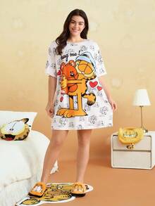 GARFIELD | SHEIN 加大码可爱猫咪印花圆领短袖睡裙，夏季卡通睡衣女款，哞哞睡裙 - 白色 - 查看 5
