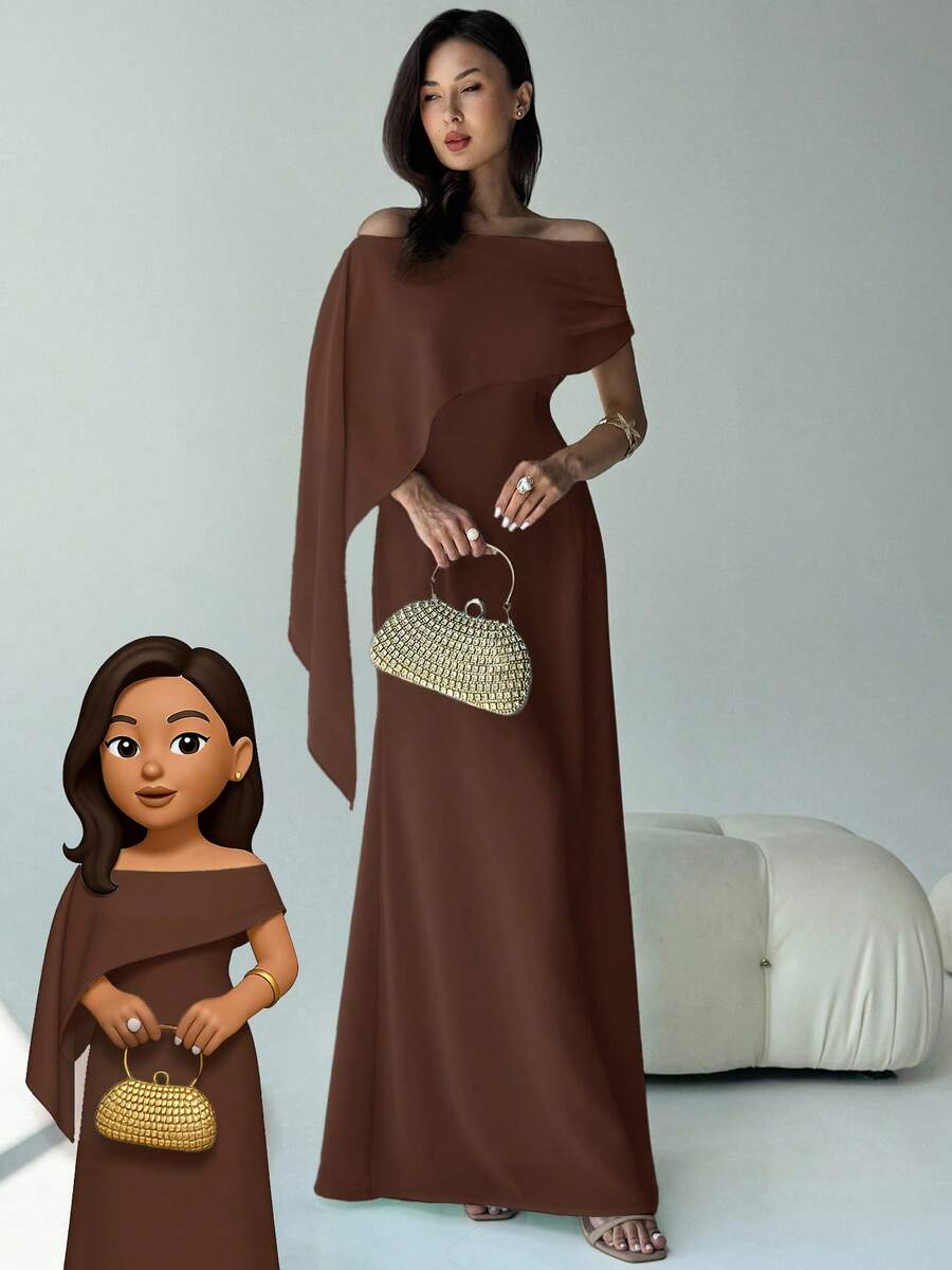 Aloruh Váy suông cổ thuyền lệch vai ôm vừa vặn mới có chi tiết buộc nơ, đa năng cho sinh nhật, tiệc tùng, cocktail, màu xanh lá cây - Cà phê - Xem 1