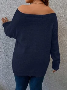 Calvaya Plus Solid Off Shoulder Sweater Off Shoulder Sweateroff The Shoulder Sweateroff Shoulder Jumperoff The Shoulder Jumper - Blue - View 2