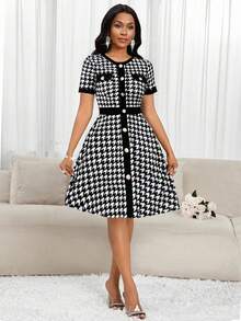 SHEIN Lady 千鸟格印花纽扣前开襟连衣裙 女士秋季服装 秋季服装 女士秋季连衣裙 女士冬季服装 - 黑與白 - 查看 6