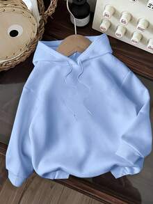 SHEIN EZwear Áo nỉ dài tay rộng rãi, in họa tiết màu xanh tối giản, có mũ, dây rút, dáng rộng, dày, thoải mái cho nữ, mùa thu/đông - Màu xanh nhạt - Xem 2