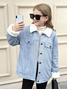 SHEIN 适合青少年女孩的浅蓝色落肩泰迪绒内衬长袖纽扣外套，适合秋冬季穿着 - 藍色 - 查看 6