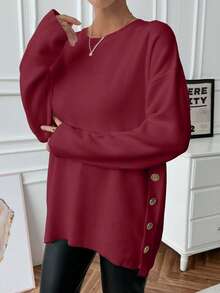 EURMUSE 女式纯色长袖休闲套头衫，侧扣开合 - 紅色 - 查看 3