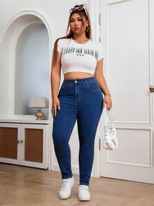 SHEIN ICON Plus Size Solid Color Skinny Jeans With Pockets - Dark Wash - View 6