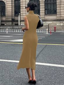 DAZY 女式纯色修身腰高领短袖优雅长款毛衣裙，秋冬 - 棕色 - 查看 2