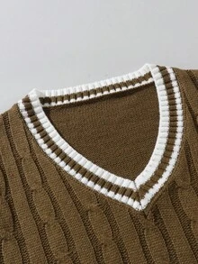 Manfinity Campus Court 男士休闲日常撞色条纹饰边麻花针织背心，秋冬款 - 卡其色 - 查看 3