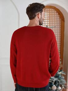 Manfinity Homme 男士纯色简约圆领长袖毛衣，休闲日常穿着搭配家庭圣诞毛衣，秋冬 - 紅色 - 查看 6