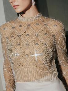 Anewsta 女士时尚高端奢华手工串珠长袖衬衫，适合秋季、冬季、新年、优雅、别致、时尚、圣诞节、外出穿着