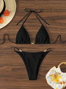 SHEIN Swim Solid Color Textured Backless Halter Neck Two-Piece Bikini Set, Summer Beach - Black - View 3