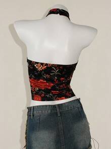 SHEIN ICON Y2K 夏季外出波西米亚西部乡村音乐会女式性感露背花卉印花挂脖上衣，夏季 - 彩色 - 查看 2