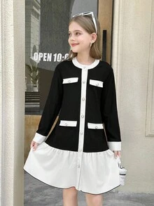 SHEIN Serisse Kids 青少年女孩黑白拼色珍珠纽扣拼布白色下摆连衣裙 - 黑與白 - 查看 4