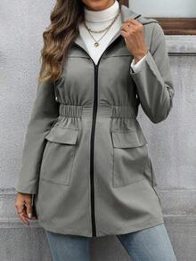 SHEIN LUNE 拼色拉链口袋腰部收紧中长款风衣夹克女士秋冬装 - 灰色 - 查看 2