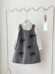 Genkimix Kids 两件套：女童可爱白色针织T恤搭配天鹅绒蝴蝶结灰色A字连衣裙，韩版秋冬装 - 彩色 - 查看 3