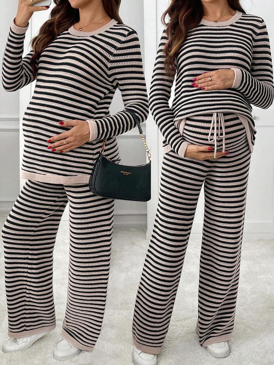 SHEIN Maternity Casual Colorblock Striped Sweater And Knit Pants Set, Autumn Pregnant Outfits Striped Maternity Set Pregnancy Outfit Maternity 2 Pieces Set Maternity Clothes Two Pieces Suits Winter Clothes Elegant Women's Set Chic