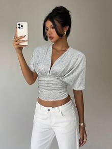 Aloruh Apricot Deep V Ruched Short Sleeve Tight Hem Women T-Shirt - Grey - View 6