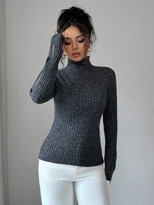 SHEIN Elenzya 女士时尚优雅立领长袖精致毛衣 - 深灰色 - 查看 5