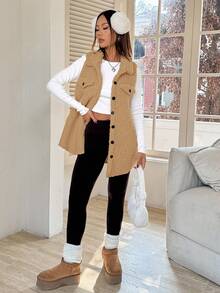 SHEIN EZwear 1件女款純色鈕扣前襟無袖口袋休閒背心，秋季/冬季日常穿著，卡其色，女款秋季穿搭，女款背心，舒適秋季/冬季女裝 - 駝色 - 查看 4