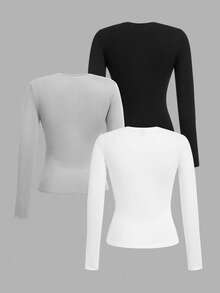SHEIN EZwear 3pcs/Set Plus Size Women Crew Neck Casual Slim Fit Long Sleeve T-Shirt Set, Solid Color, Suitable For Autumn/Winter, Layering, Outdoor, Undershirt