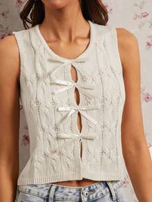 Enchnt Women's Off White Bow Decoration Casual Knit Vest,Autumn Elegant Sweet&Fashionable Brunch Date Holiday Birthday Party Halloween Clothes - Apricot - View 2