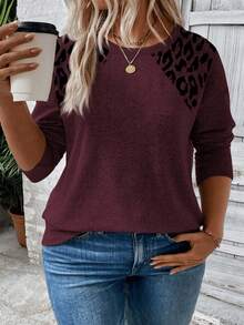 EMERY ROSE Camiseta de manga larga con cuello redondo y estampado de leopardo, talla grande, color burdeos, para otoño/invierno - Multicolor - Ver 1