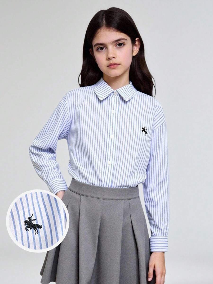 Ontre Tween 女童蓝白条纹刺绣领长袖休闲衬衫 - 藍白色 - 查看 1