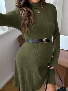 SHEIN 孕妇高领纯色长袖休闲罗纹针织连衣裙 - 軍綠色 - 查看 6