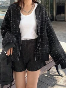 FRIFUL 女士秋季落肩长袖格子休闲宽松棒球夹克 - 黑色 - 查看 3