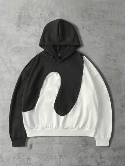 Street Life بلوزة هوديي كاجوال بأكمام طويلة وتباين لون فضفاضة للرجال، خريفية