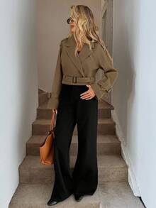 Easowa 双排扣收腰短款风衣，休闲优雅女式风衣棕色衬衫棕色西装外套女士卡其色上衣卡其色女装咖啡棕色上衣秋冬女装 - 駝色 - 查看 7