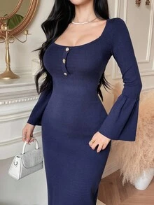 DAZY 女式优雅纯色喇叭袖毛衣裙，秋季 - 藏蓝色 - 查看 1