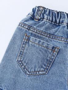 Sparklyn 1件少女牛仔工装裤，时尚街头风休闲学院风度假推荐，黑色+粉色爱心+英文印花，可爱甜美 - 淺色水洗藍 - 查看 7