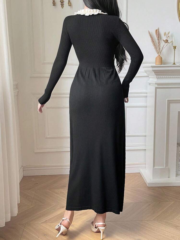 French Elegant Style Women's Waist Cinched Slim Fit Knit Sweater Dress, Autumn/Winter