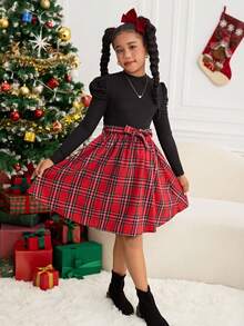 SLAYR KIDS Tween Mädchen Ribbed Knit Karomuster Patchwork Rundhals Gürtel Eng anliegendes Langarm Kleid, geeignet für Weihnachten, Silvester Party, Schulanfang, Preppy Stil, Valentinstag