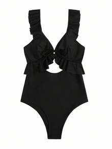 Oceva Summer Beach Ruffle Trim Cut Out Tie Front One Piece Swimsuit - Black - View 3