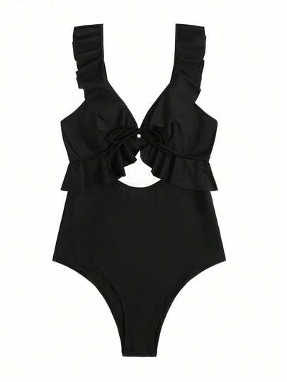 Oceva Summer Beach Ruffle Trim Cut Out Tie Front One Piece Swimsuit